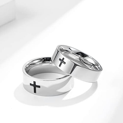 Men's Cross Ring Black/Silver Christian Wedding Band Stainless Steel - color: 8mm,silver