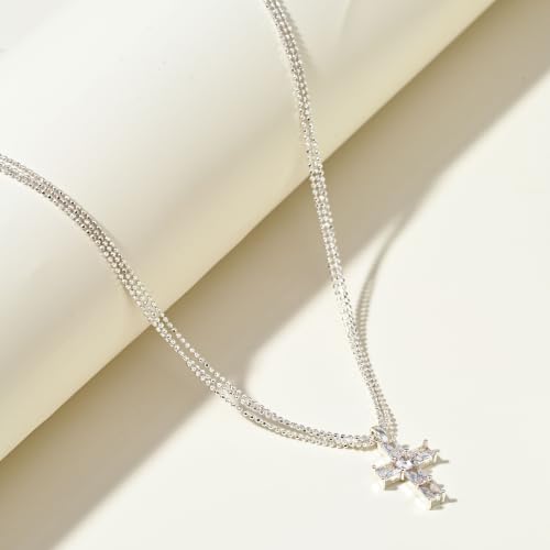 SEADAY Layered Gold Necklace for Women,14K Plated Stackable Pendant Set - color: Silver - Diamond Cross