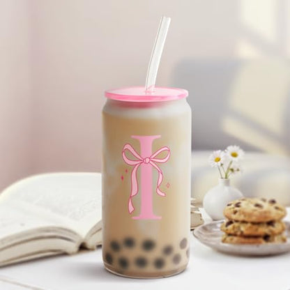 Monogrammed Glass Drinking Can Cup with Acrylic Lid and Straw, Personalized Frosted Iced Coffee Tumbler 16oz, Monogram Initial Gifts for Women Girls on Birthday (I) - color: I