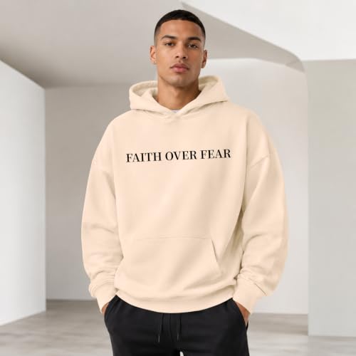 Faith Over Fear Christian Hoodies for Men Religious Jesus Hoodie Bible Verse Graphic Sweatshirt Fleece Pullover - color: Apricot, size: XX-Large