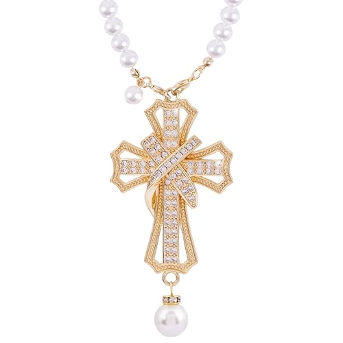 Car Rear View Mirror Hanging Cross Charm, Christian Car Accessories, Rearview Mirror Accessories, Cross for Car, 18K Gold Plated Brass with CZ Crystals & Pearl Beads, Faith Gift for Drivers Safe Travel