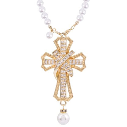 Car Rear View Mirror Hanging Cross Charm, Christian Car Accessories, Rearview Mirror Accessories, Cross for Car, 18K Gold Plated Brass with CZ Crystals & Pearl Beads, Faith Gift for Drivers Safe Travel