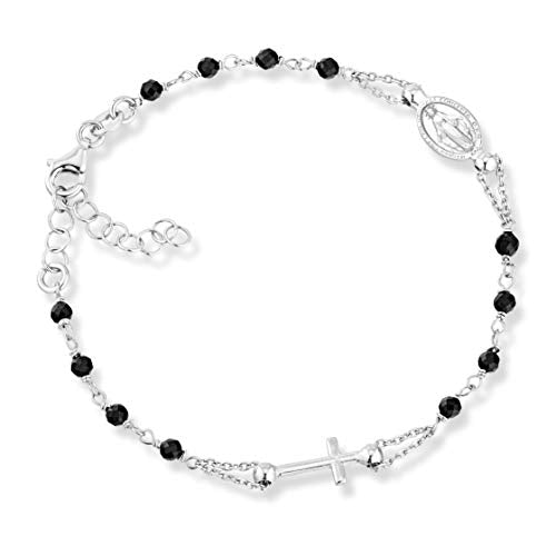 Miabella 925 Sterling Silver Italian Natural Black Spinel Rosary Cross Charm Bead Bracelet for Women, Adjustable Link Chain, Gemstone Bracelet Handmade in Italy - style: Length 7 to 8 Inch