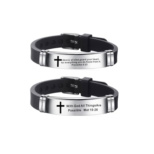 2Pcs Inspirational Quote Cross Bracelets Faith Christian Bible Verse Silicone ID Wristband Religious Bracelet Set Gift for Men Women - style: BR013/014