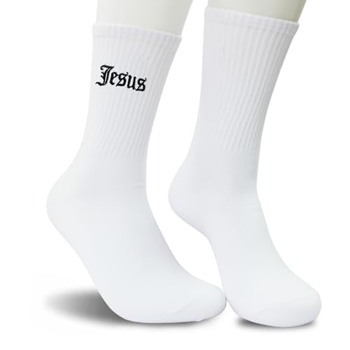 Christian Embroidered Crew Socks, Jesus Faith Religious Socks for Women and Men, Cross Scripture Novelty Gift Socks - color: Gothic Jesus White