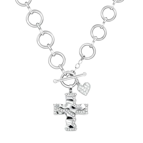 Chunky Cross Necklace for Women, 925 Sterling Silver Pendant with Copper Chunky Chain, Non Tarnish Statement Necklace for Daily Wear, Gift - color: Silver-02