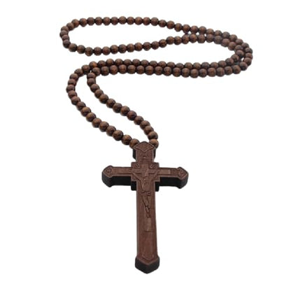 DATOA Religious Wooden Cross Large Big Jesus Crucifix Pendant Natural Wood Natural Rosary Colorful Beads Chain Necklace Christian Prayer Baptism Jewelry Easter Gift For Men Women - color: Brown