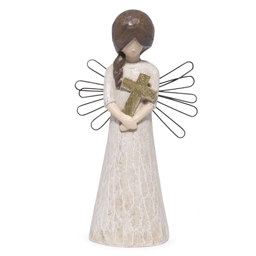 Hodao Angel Figurine with Cross, 5.1" Resin Guardian Angel Ornaments for Home Decorations, Sympathy & Memorial Decor, Indoor Tabletop Religious Figurines, Faith Gift for Women Mom Friends - style: Z-holding cross-small