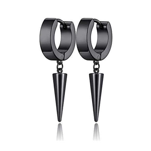 Unisex Punk Hip Hop Stainless Steel Silver Black Gold Tone Lock Thunder Lightning Bolt Dangle Huggie Hoop Earrings Gift for Women Men Boy Teens - color: Black-Spike Awl