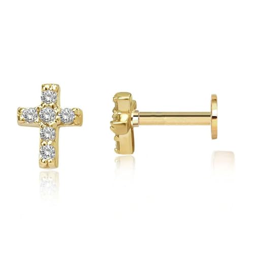 16g Tiny Cross Hypoallergenic 925 Sterling Silver Stud Earrings for Women With Flat Screw Back Small Cubic Zirconia Cartilage Pierced Earrings for Tragus Helix Conch Cartilage Jewelry Gifts - color: Gold