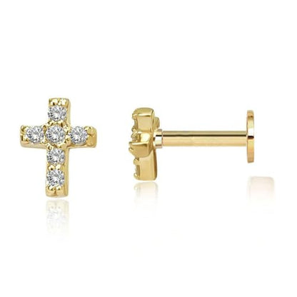 16g Tiny Cross Hypoallergenic 925 Sterling Silver Stud Earrings for Women With Flat Screw Back Small Cubic Zirconia Cartilage Pierced Earrings for Tragus Helix Conch Cartilage Jewelry Gifts - color: Gold