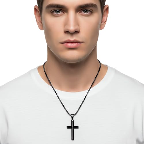 Fiusem Beveled Edge Cross Necklace for Men - size: 16 inches, style: Black cross: 1.4*0.8"
