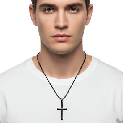 Fiusem Beveled Edge Cross Necklace for Men - size: 24 inches, style: Black cross: 1.4*0.8"