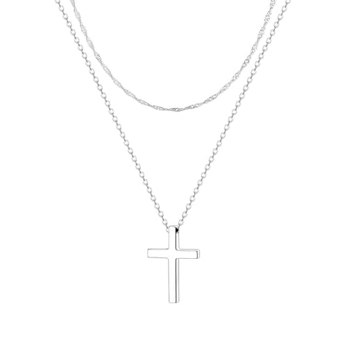 Zeffy Cross Necklace for Women,18K Gold/Silver Plated Tiny Cubic Zirconia Cross Pendant Necklace for Women Simple Layered Cross Necklaces for Women - color: Silver Cross Set