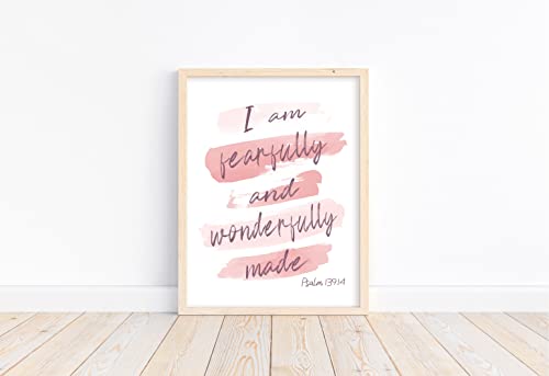 Watercolor Blush Pink and Purple Scripture Unframed Print Fearfully and Wonderfully Made Psalm 139:14, Kid Bible Verse Nursery Wall Decor