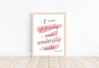 Watercolor Blush Pink and Purple Scripture Unframed Print Fearfully and Wonderfully Made Psalm 139:14, Kid Bible Verse Nursery Wall Decor
