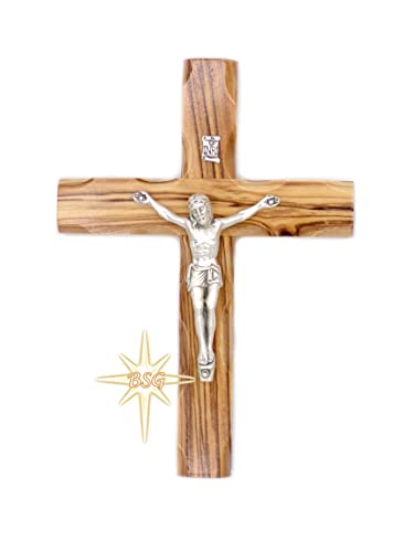 Dacaret Factory Wall Crucifix, Olive wood Cross, Wooden Catholic Cross for New Home, Religious Gift, Christmas Gifts, Holy Land Christian Spiritual Decor (5 Inches), Brown, Black with Grains - size: 4.6"L x 3.5"W