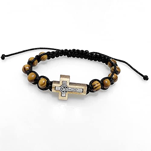 8MM Wood Rosary Bracelet, Adjustable Black Cord Catholic Cross