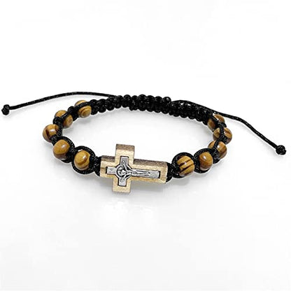 8MM Wood Rosary Bracelet, Adjustable Black Cord Catholic Cross