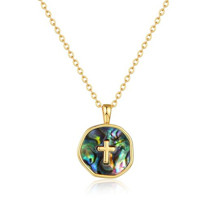 Gold Enamel Mini Cross Necklace Tiny Mother of Pearl Cross Necklace Religious Christian Gift for Baptism First Communion Christmas - color: big mother of pearl cross (15mm)-colorful