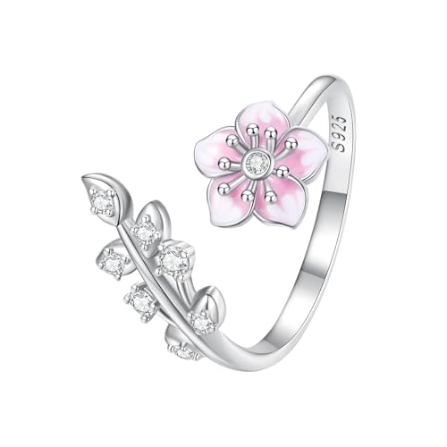 925 Sterling Silver Adjustable Open Ring for Women Trendy Jewelry Gift - color: Pink flowers