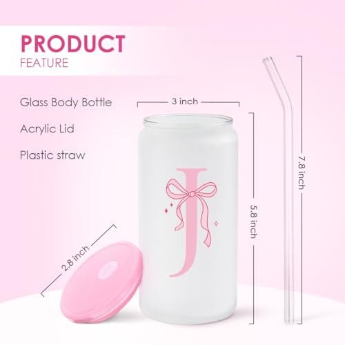 SANDJEST Monogrammed Glass Drinking Can Cup with Acrylic Lid and Straw, Personalized Frosted Iced Coffee Tumbler 16oz, Monogram Initial Gifts for Women Girls on Birthday (J) - color: J