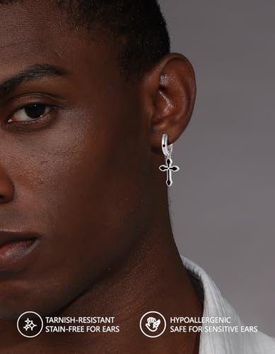 KRKC&CO Dangle Cross Earrings for Men, Sterling Silver Plated Black Drop - color: Silver-C