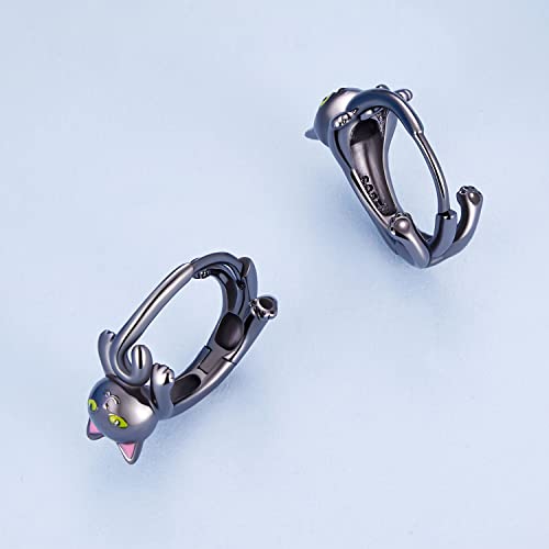925 Sterling Silver Earrings Hypoallergenic Huggie Earring for Women - color: Black Cat