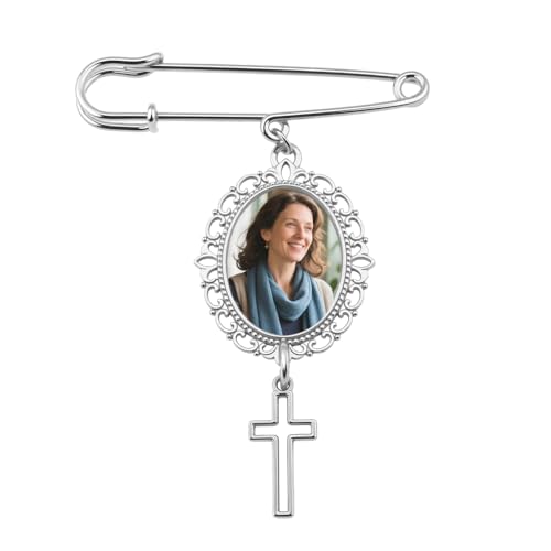 Wedding Double Picture Frame Brooch for Bride Grooms Boutonniece Pin for Wedding Bouquet - color: silver cross