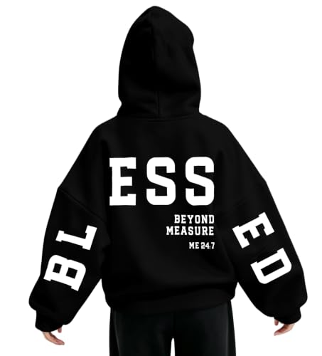 Christian Hoodies Women Blessed Sweatshirts Jesus Religious Sayings Sweater - color: Black, size: Large
