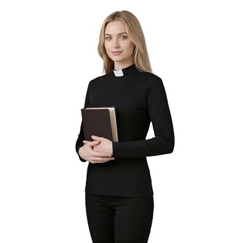 Women's Clergy Long Sleeves Short Tab Collar Clergy Priest Costume T-Short Priest Blouse Top - size: XX-Large