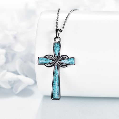 Infinity Cross Necklace S925 Sterling Silver Turquoise/Wooden/Opal/Abalone Cross Pendant Necklaces Christian Jewelry Gifts For Women - style: Black Turquoise