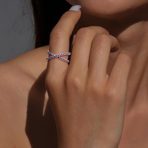 Moissanite Wedding Bands Crisss Cross/Curve/Wishbone Eternity Rings for Her - color: A. Criss Cross - Blue Sapphire