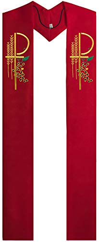 IvyRobes Overlay Clergy Stole With Chi Rho Embroidered 90" Long-4 Colors Available - color: Red