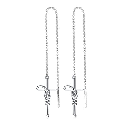 925 Sterling Silver Infinity Love of God Simple Dainty Faith Cross Dangle Earrings Religious Gift for Women - color: Jesus Chain