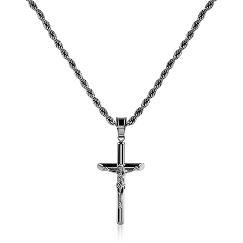 ALEXCRAFT Sterling Silver Plated Cross Necklace for Men Gold Plated Cross Necklaces for Women Trendy Stainless Steel Crucifix Pendant with 3mm 21inch Rope Chain - color: Black-19.6in