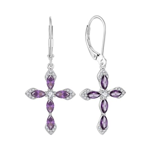 Birthstone Cross Earrings for Women 925 Sterling Silver - color: 02 February - Amethyst