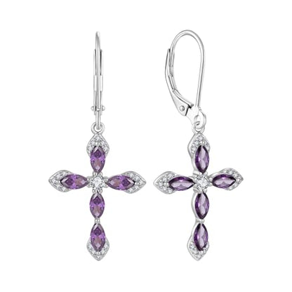 Birthstone Cross Earrings for Women 925 Sterling Silver - color: 02 February - Amethyst