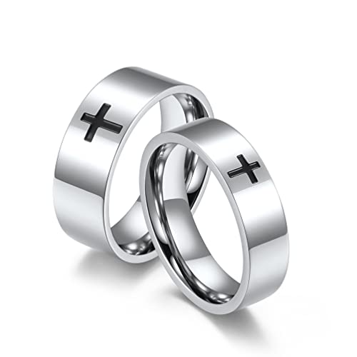 Men's Cross Ring Black/Silver Christian Wedding Band Stainless Steel - color: 8mm,silver
