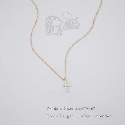 Cross Necklace for Women, Dainty 14K Gold Plated CZ Pendant - color: Gold-pearl cross