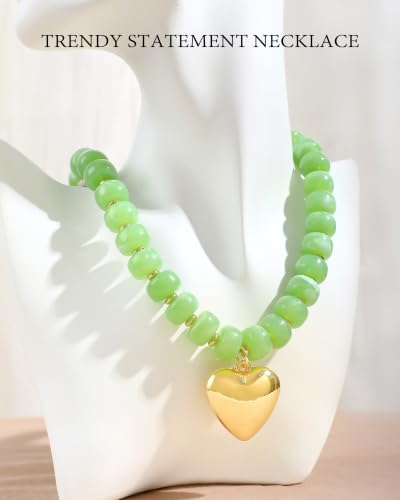 ZHESHY Chunky Beaded Necklaces for Women Heart Cross Statement Necklace - color: Green 2