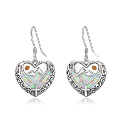 AOBOCO 925 Silver Mustard Seed Cross Heart Dangle Drop Earrings Women - color: Silver-White Opal