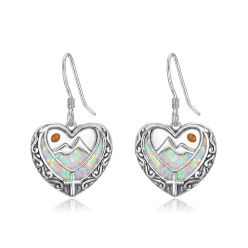 AOBOCO 925 Silver Mustard Seed Cross Heart Dangle Drop Earrings Women - color: Silver-White Opal