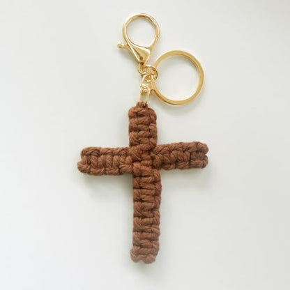 Pingyongchang Handmade Weave Cross Keychain Boho Macrame Jesus Christian Charm Keychain for Women Men - color: Brown