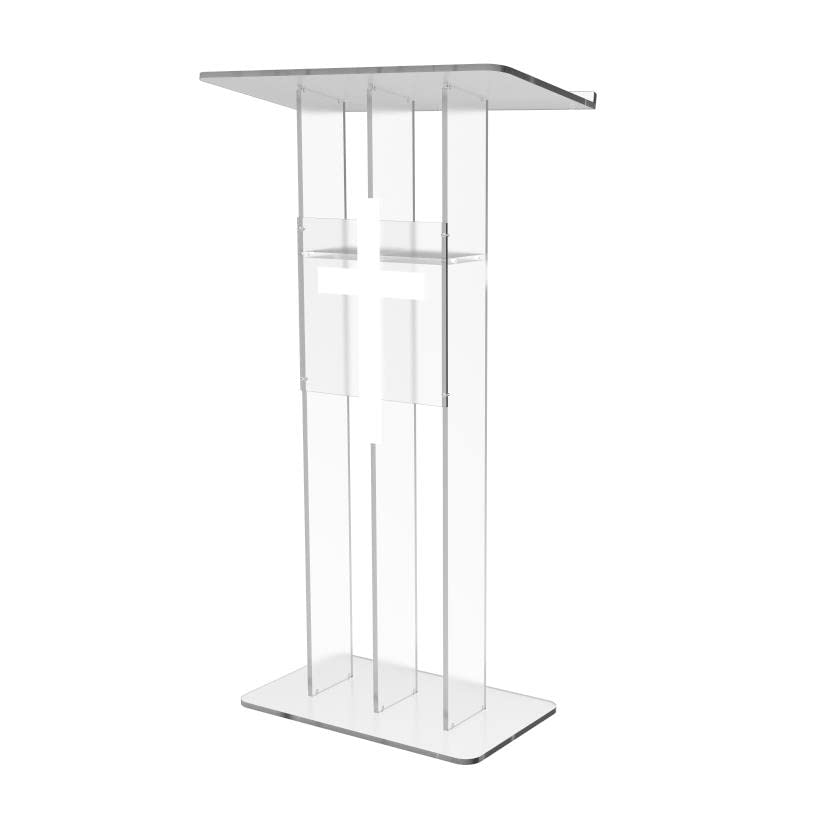 FixtureDisplays® Clear Podium Plexiglass Lecturn Transparent Church Pulpit with Christian Church White Cross Trinity Style Easy Assebmly Required 15411+1803CROSS