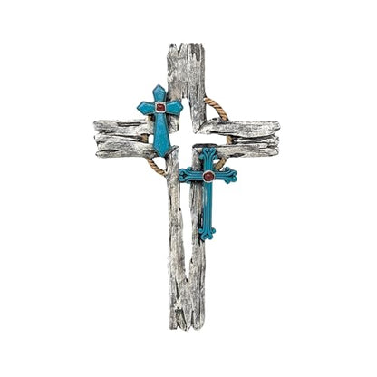 Layered Faux Driftwood Cutout Wall Cross - Resin Rustic Turquoise Crucifix