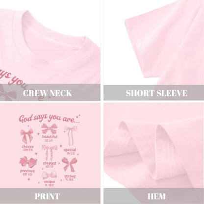 KEEVICI Cute Girls Bow God Shirt Christian Graphic Tees Jesus Shirts for Kids Bible Verse Inspirational Religious T Shirts - color: Pink, size: 9-10 Years