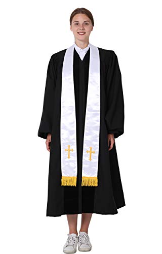 IvyRobes Unisex-adult's Satin Clergy Stole with Embroidery Cross 90"-4 Colors Available - color: White