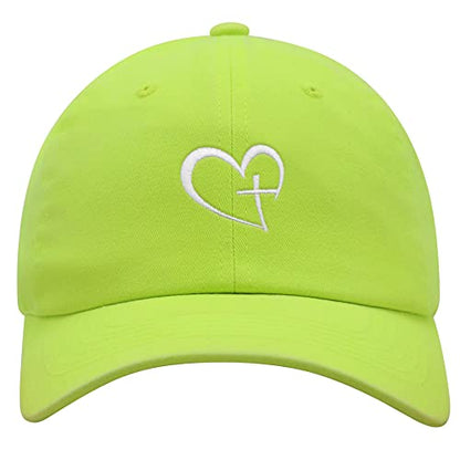 JPAK Heart and Cross Premium Dad Hat Embroidered Cotton Baseball Cap Christian Faith - color: Neon Yellow
