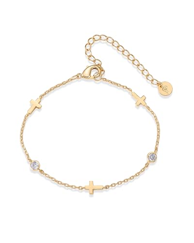 PAVOI 14K Gold Plated Sideways Cross Bracelet for Women, Religious Bracelet - style: Station